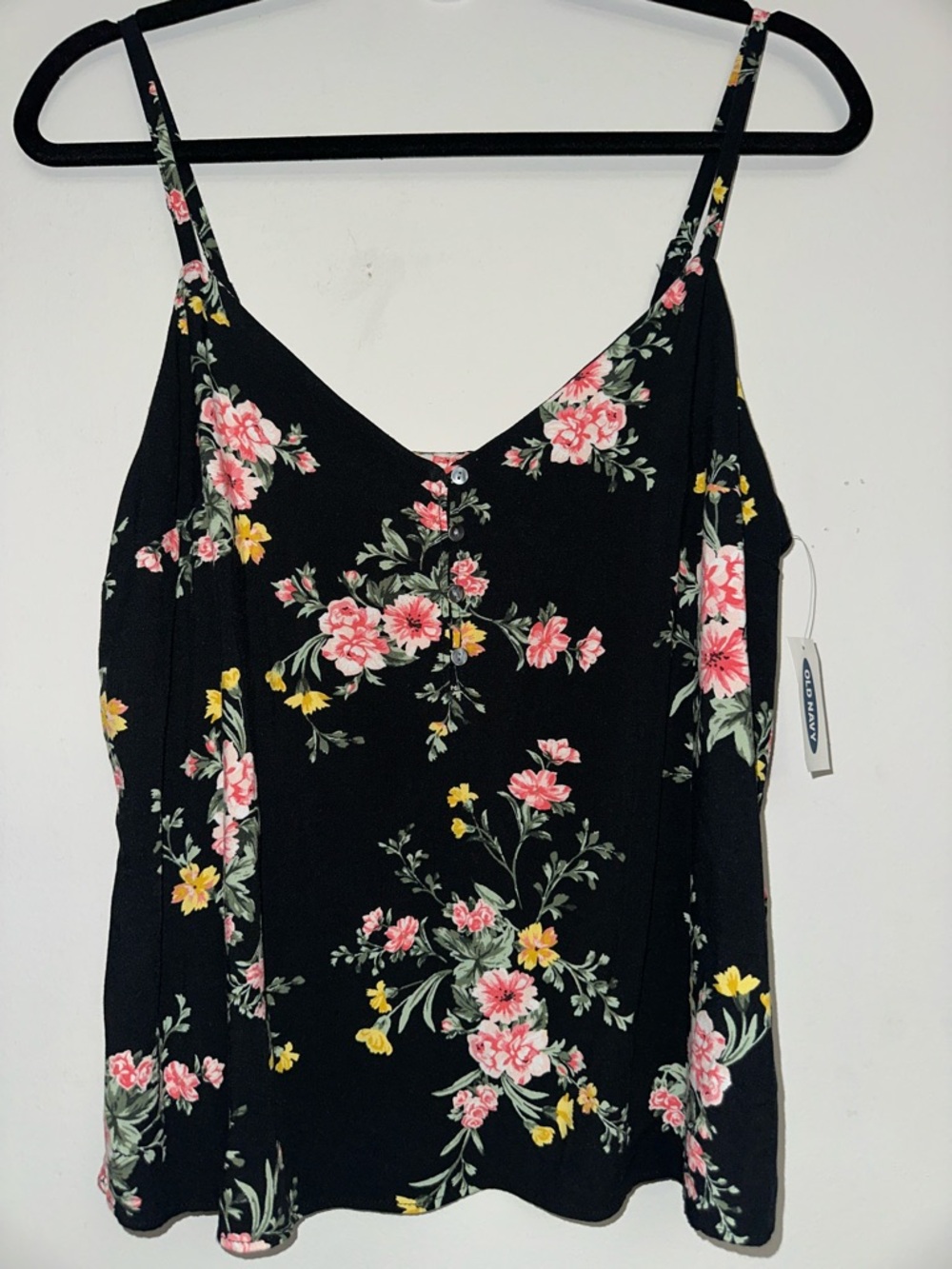 Floral V-Neck Spaghetti Strap Top - Black w/ Pink & Yellow Flowers, M - Picture 1 of 9